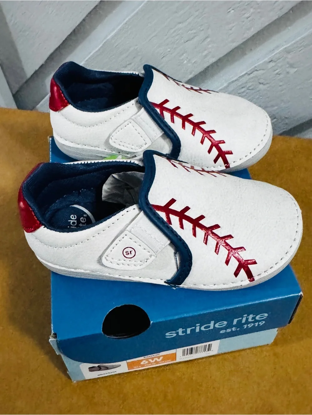Stride Rite Baby Baseball Slip-On Shoes - White with Red & Navy walkers 6W wide
